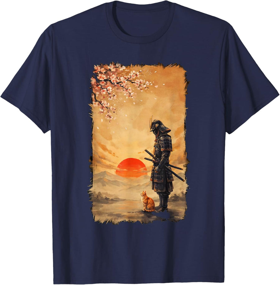 Vintage Japanese Art Samurai Warrior Orange Tabby Cat Sunset T-Shirt - Navy Blue