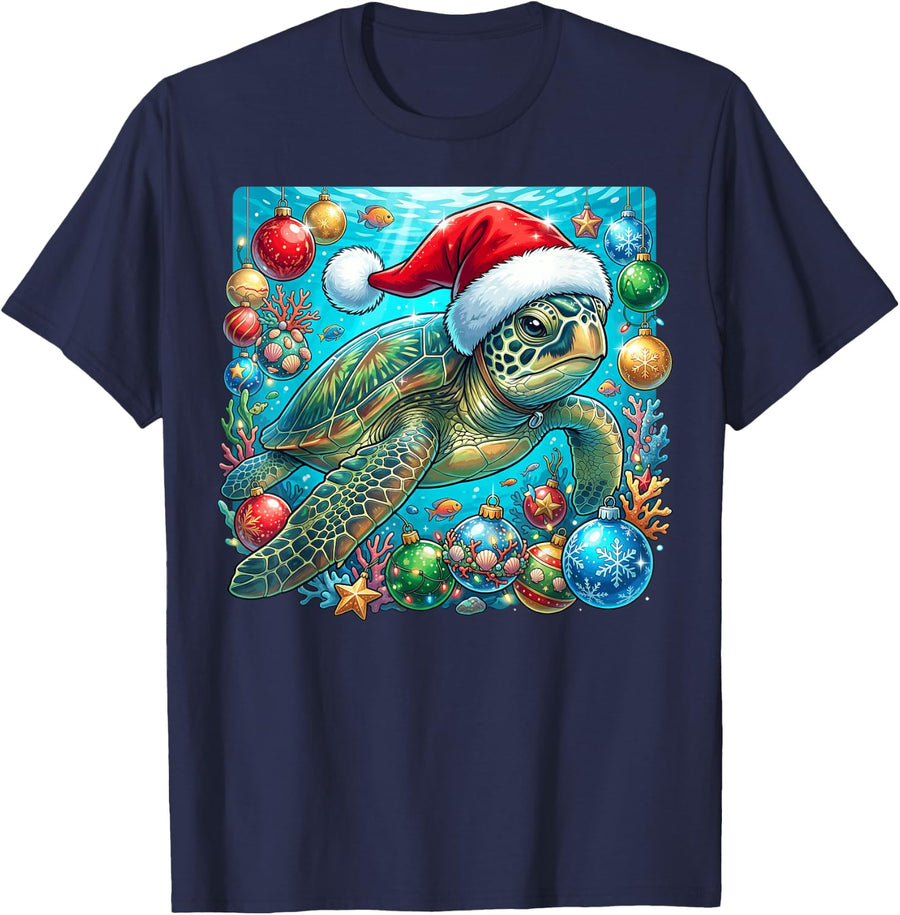Christmas Sea Turtle Underwater Coral Reef and Ornaments T-Shirt - Navy Blue