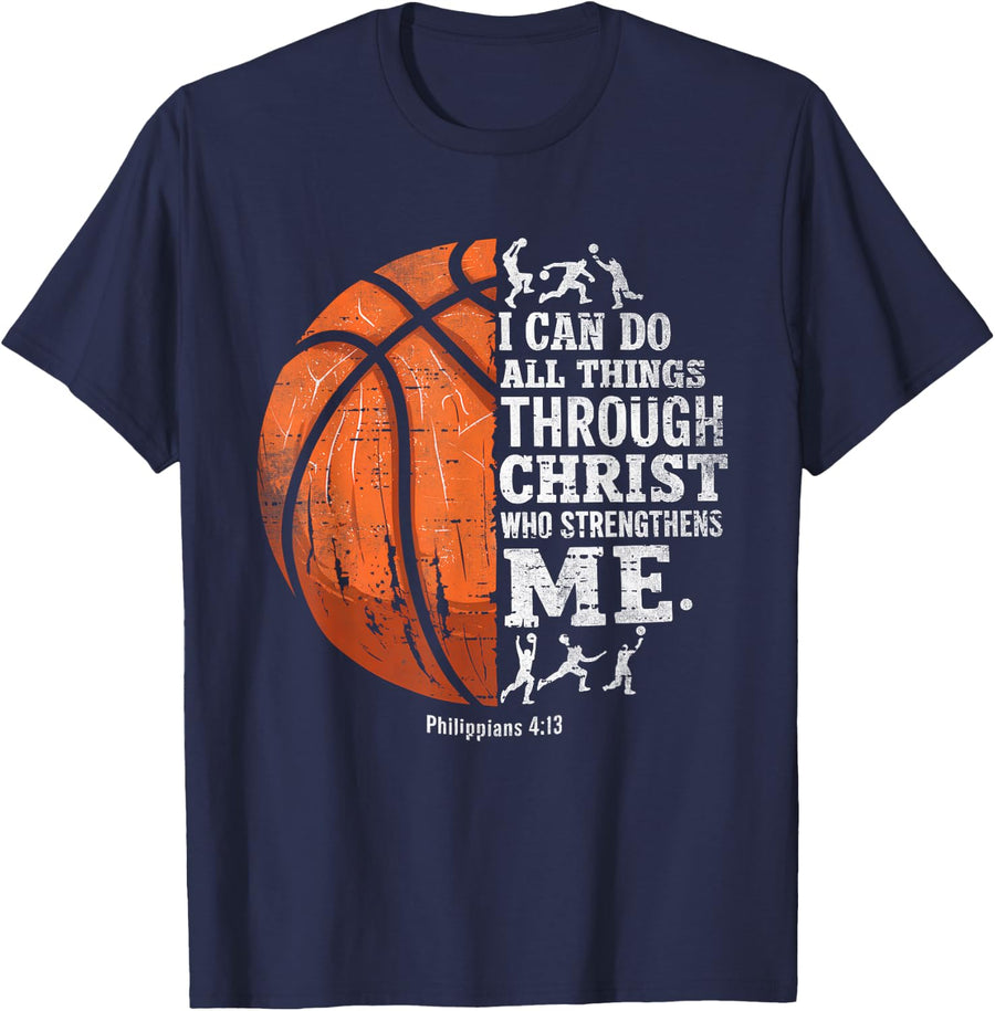 Christian Basketball I Can Do All Things Religious Faith T-Shirt - Navy Blue