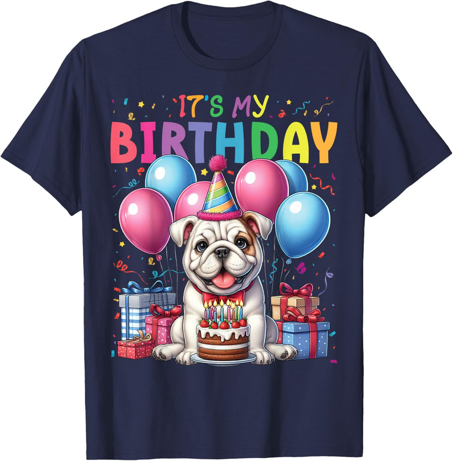 Bulldog It's My Birthday Party B-day Boys Girls Kids T-Shirt - Navy Blue