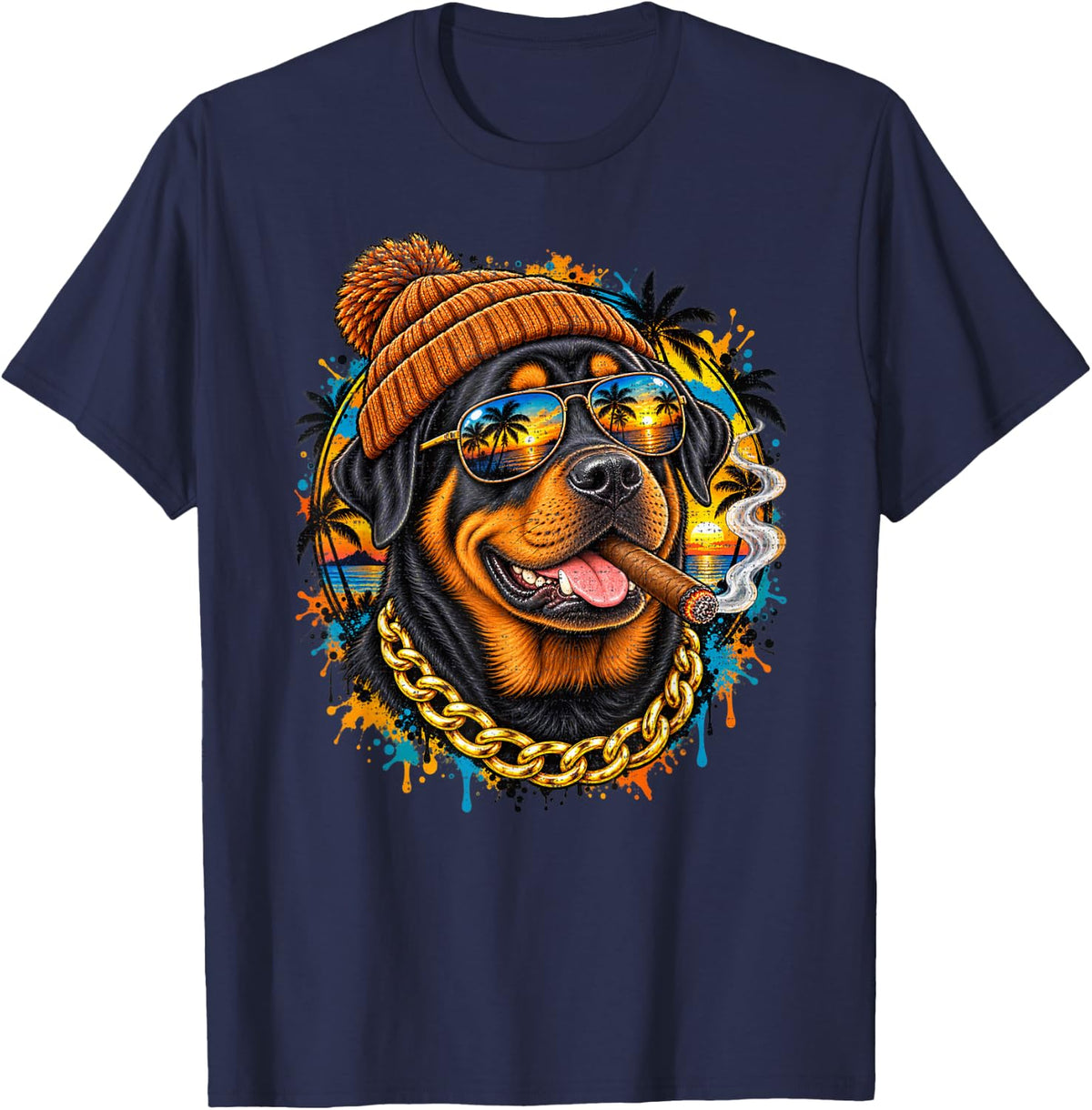 Rottweiler Sunglasses Beanie Tropical Dog Portrait T-Shirt - Navy Blue