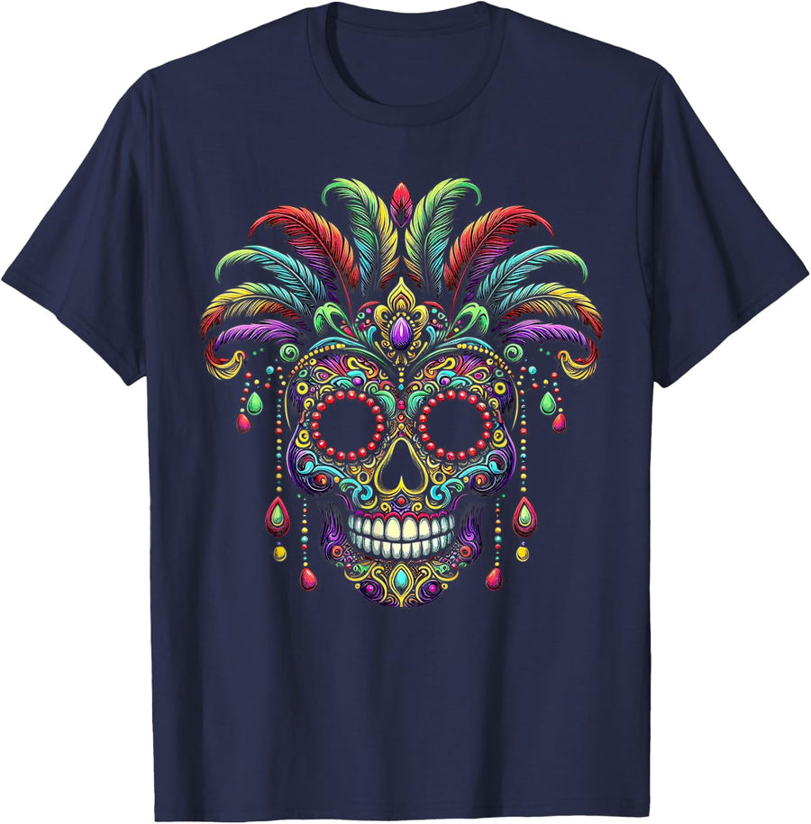 Sugar Skull Mardi Gras Party Apparel Men Women Kids Funny T-Shirt - Navy Blue