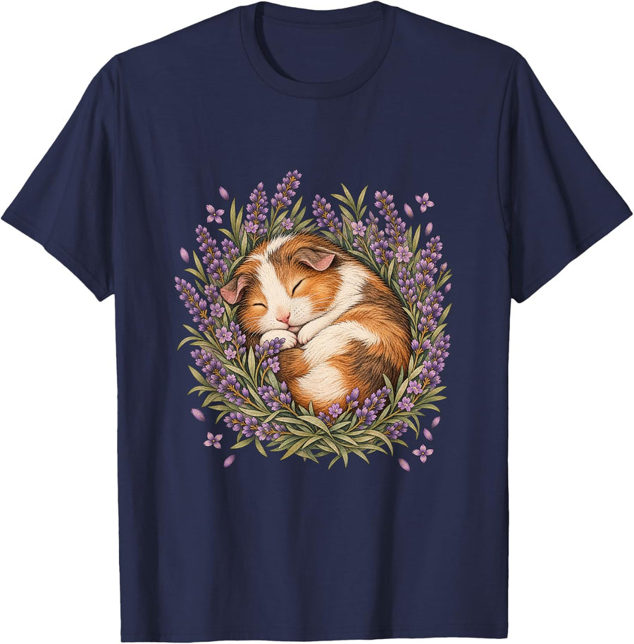 Cute Sleeping Guinea Pig Lavender Flowers Floral Cavy Lover T-Shirt - Navy Blue