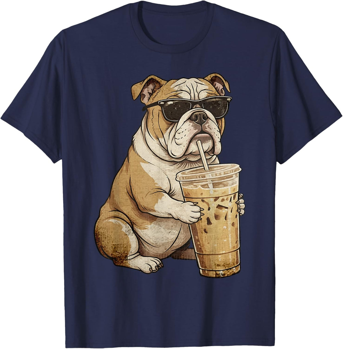 Funny Bulldog Drinking Iced Coffee Retro Dog Meme Sunglasses T-Shirt - Navy Blue