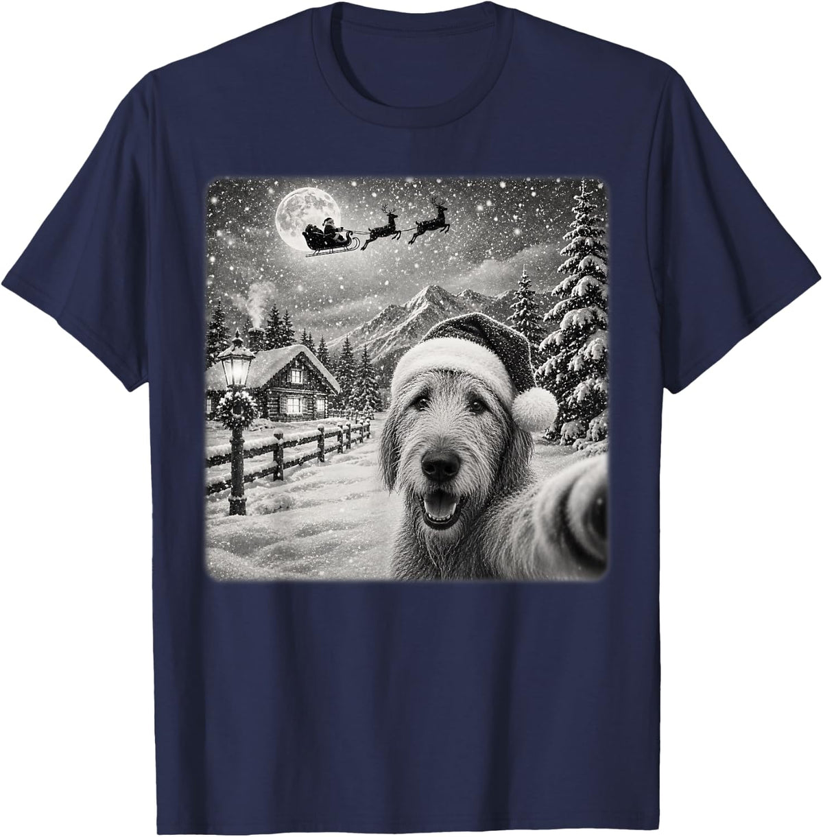 Xmas Moon Night Santa Sleigh Irish Wolfhound Dog Christmas T-Shirt - Navy Blue