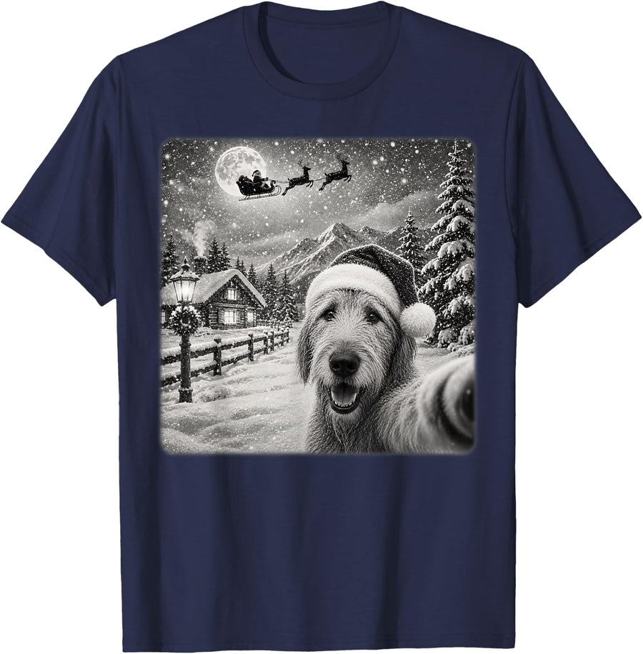 Xmas Moon Night Santa Sleigh Irish Wolfhound Dog Christmas T-Shirt - Navy Blue