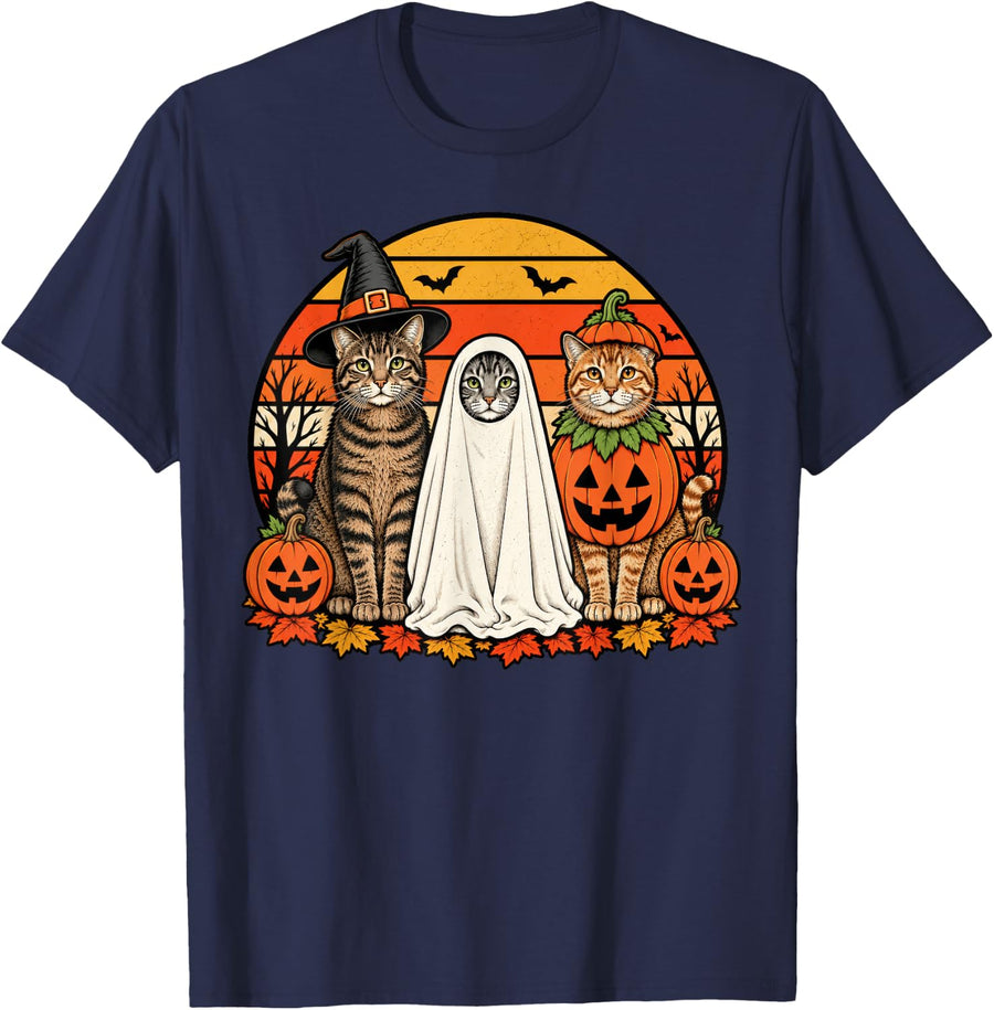 Spooky Tabby Cat Pumpkin Ghost Halloween T-Shirt - Navy Blue