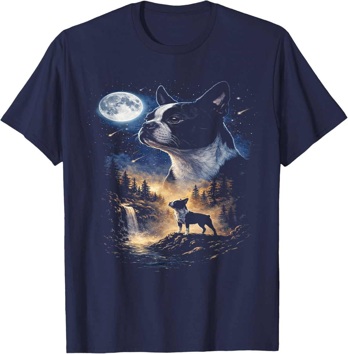 Boston Terrier Howling At The Moon Vintage Dog Art Tee T-Shirt for Dog Lovers - Navy Blue