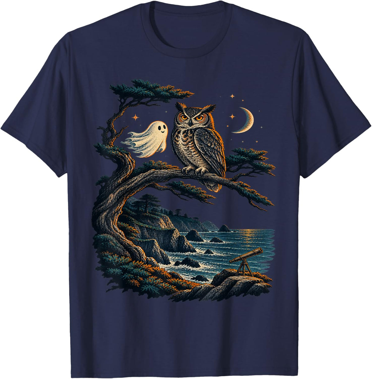 Halloween Coastal Owl and Ghost T-Shirt - Navy Blue