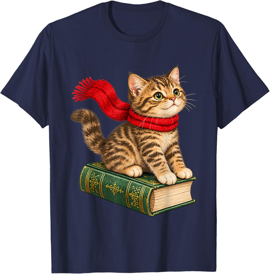 Whimsical Christmas Kitten on Vintage Book Cute Tabby Cat T-Shirt - Navy Blue