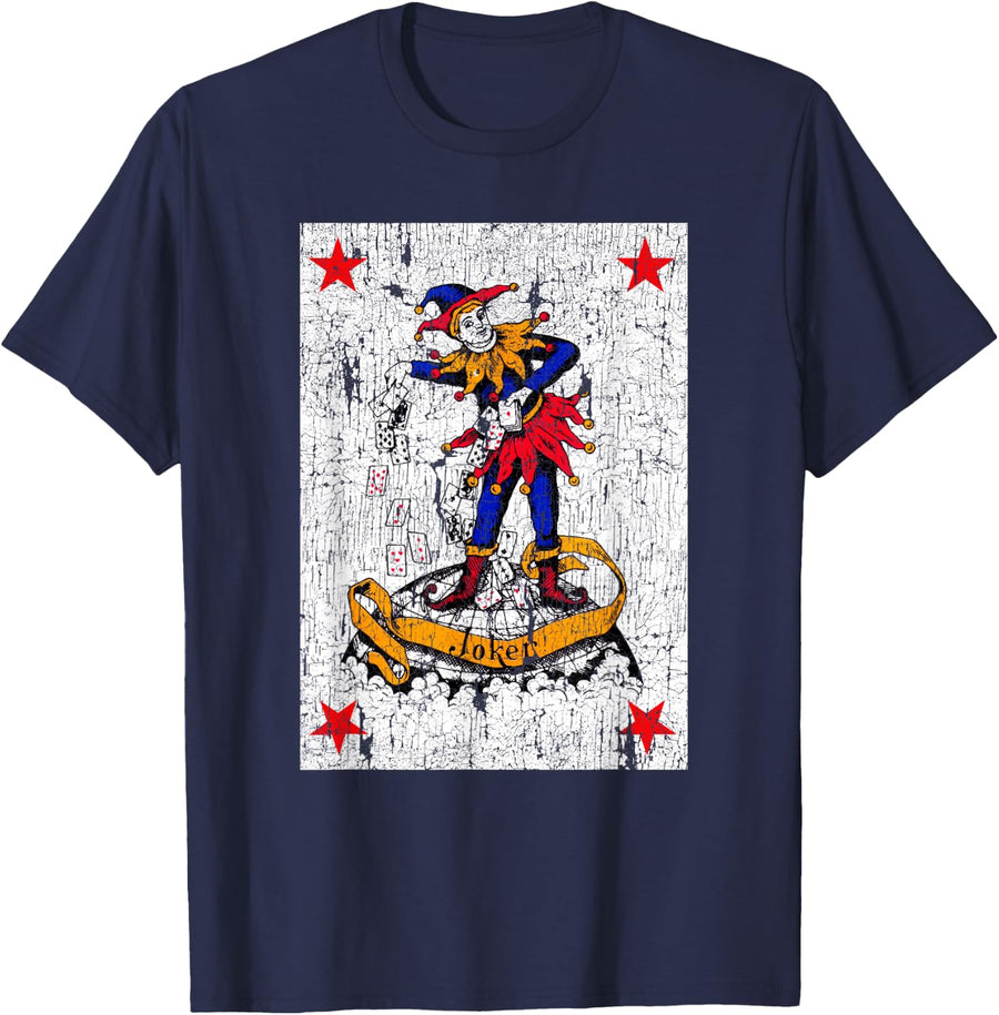 Red Joker Vintage Playing Card T-Shirt - Navy Blue