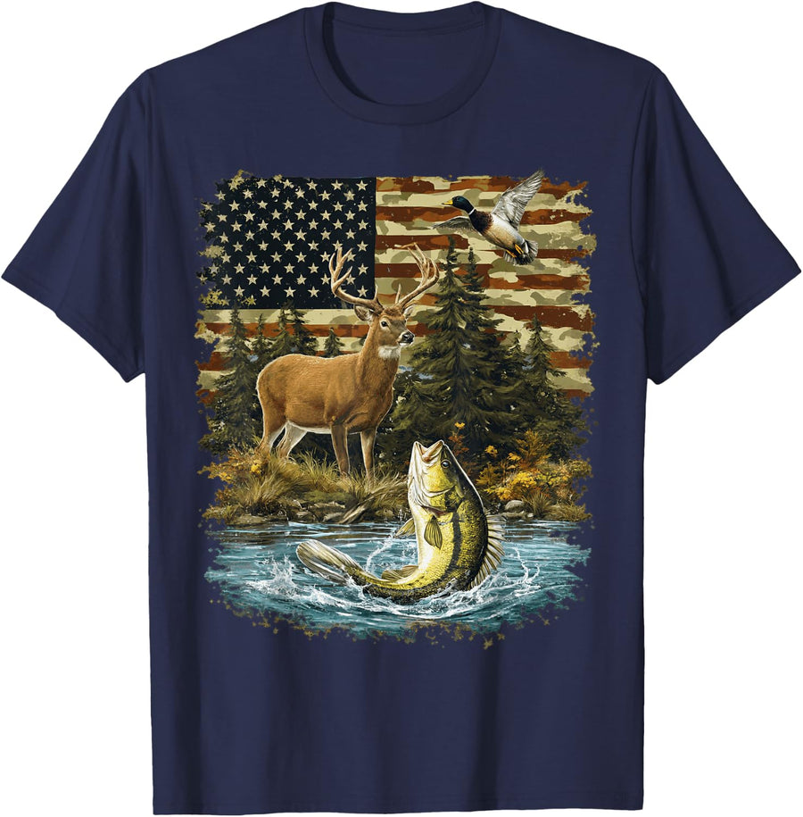American Flag Deer Bass Duck Hunting and Fishing Design T-Shirt - Navy Blue