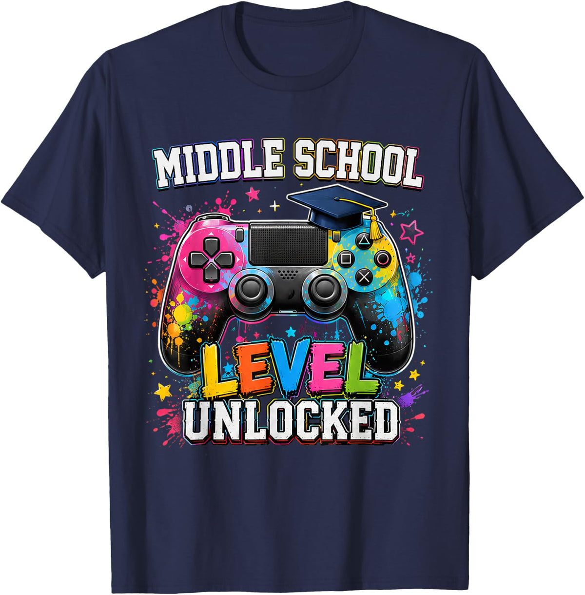 Middle School Level Unlocked Gamer First Day Back to School T-Shirt - Navy Blue