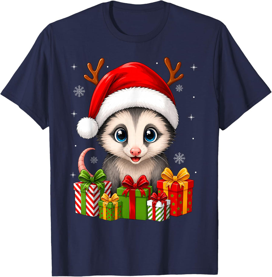 Opossum Xmas Decor Cute Festive Santa Hat Opossum Christmas T-Shirt - Navy Blue