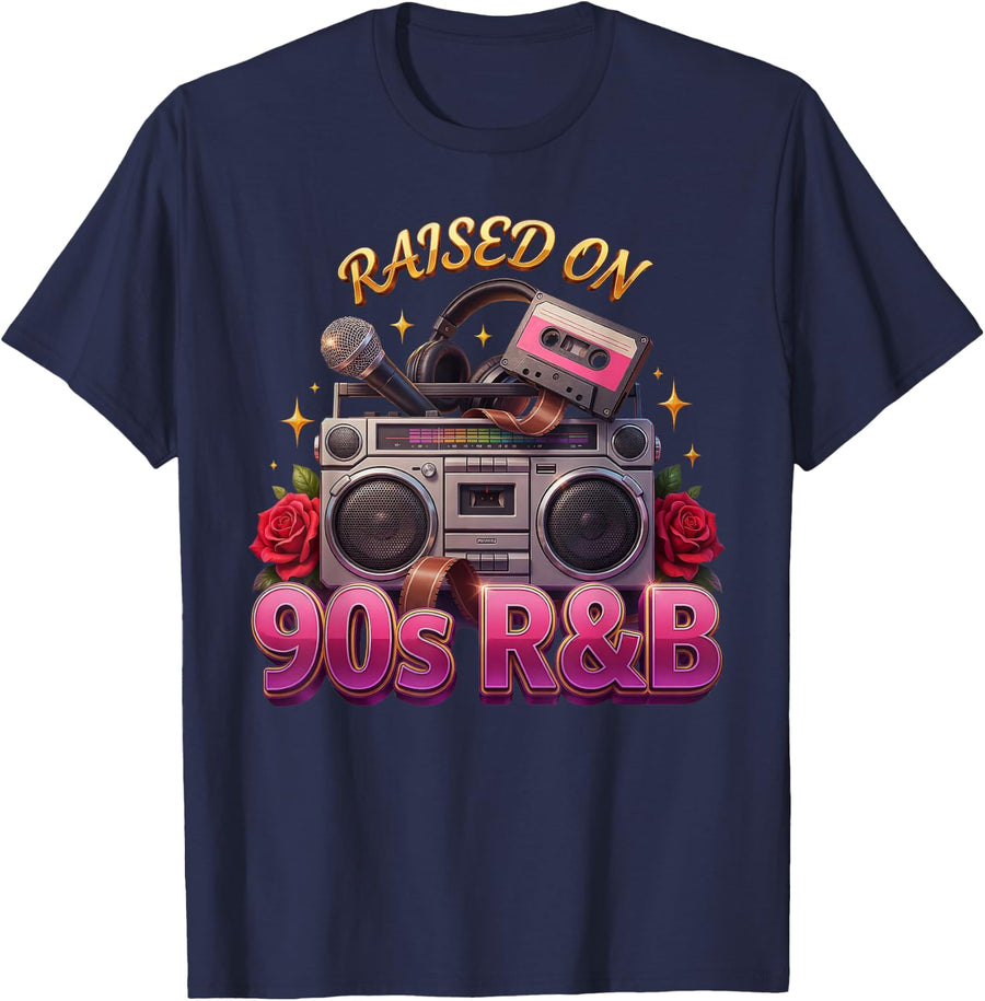 Raised On 90s R&B Retro Boombox Cassette Soul Music Lover T-Shirt - Navy Blue