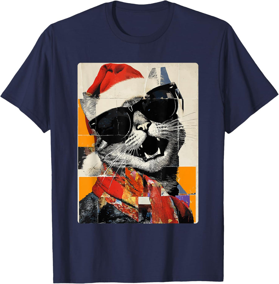 Tabby Cat with Sunglasses Santa Hat Funny Christmas Xmas T-Shirt - Navy Blue