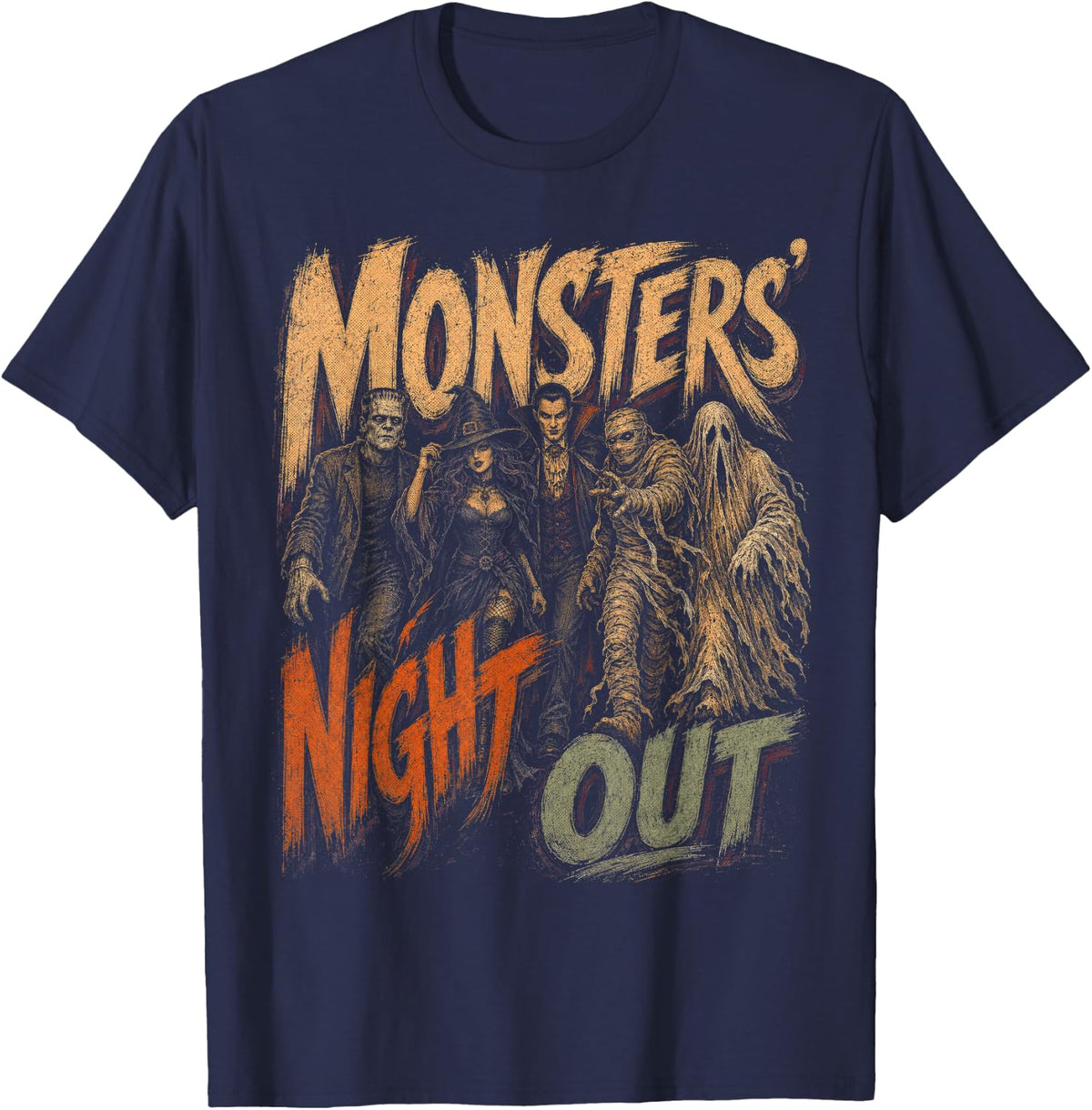 Funny Monsters Night Out Halloween Classic Monster Squad T-Shirt - Navy Blue