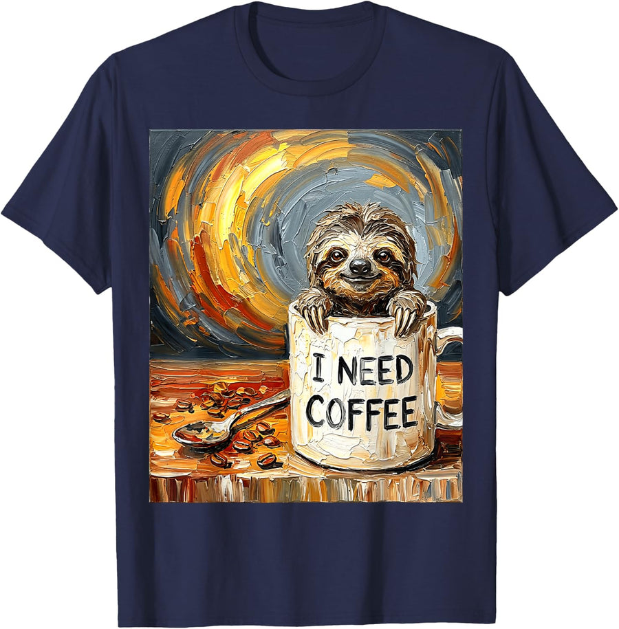 Funny Sloth in A Cup I Need Coffee Caffeine T-Shirt - Navy Blue
