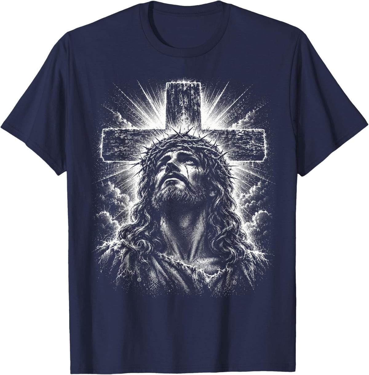 Jesus Halftone Cross Christian Believer Christ Religious Art T-Shirt - Navy Blue