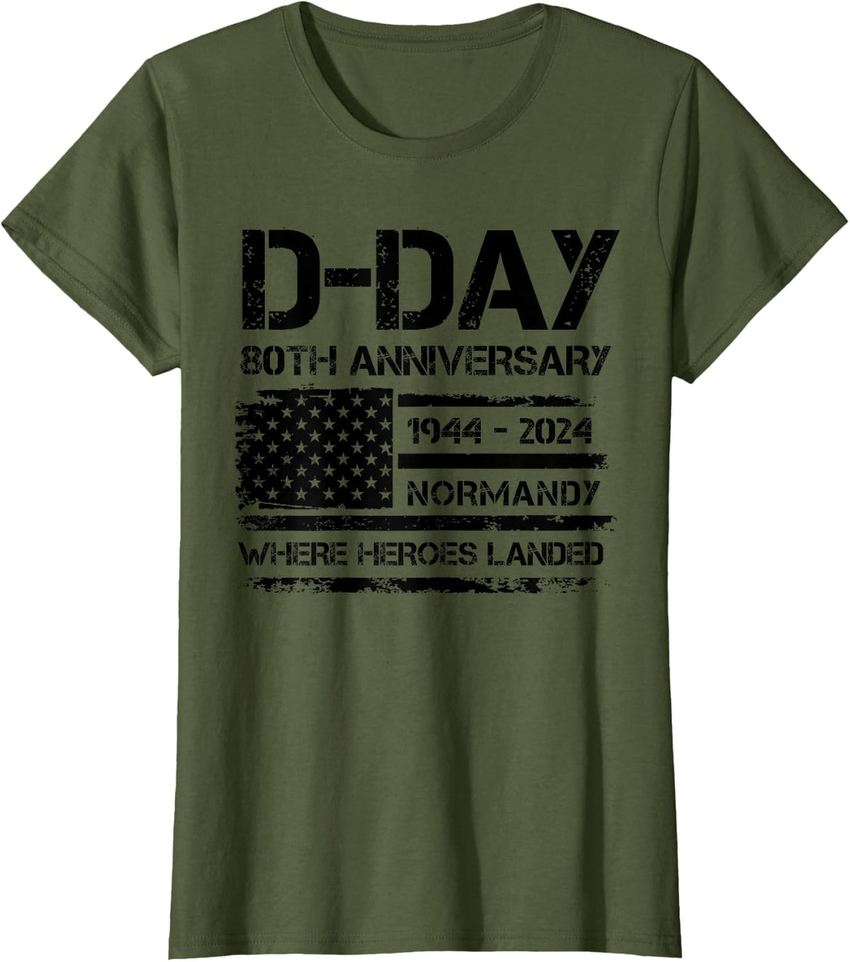 D-Day 80th Anniversary USA Flag Veteran Military Souvenir T-Shirt - Olive Green