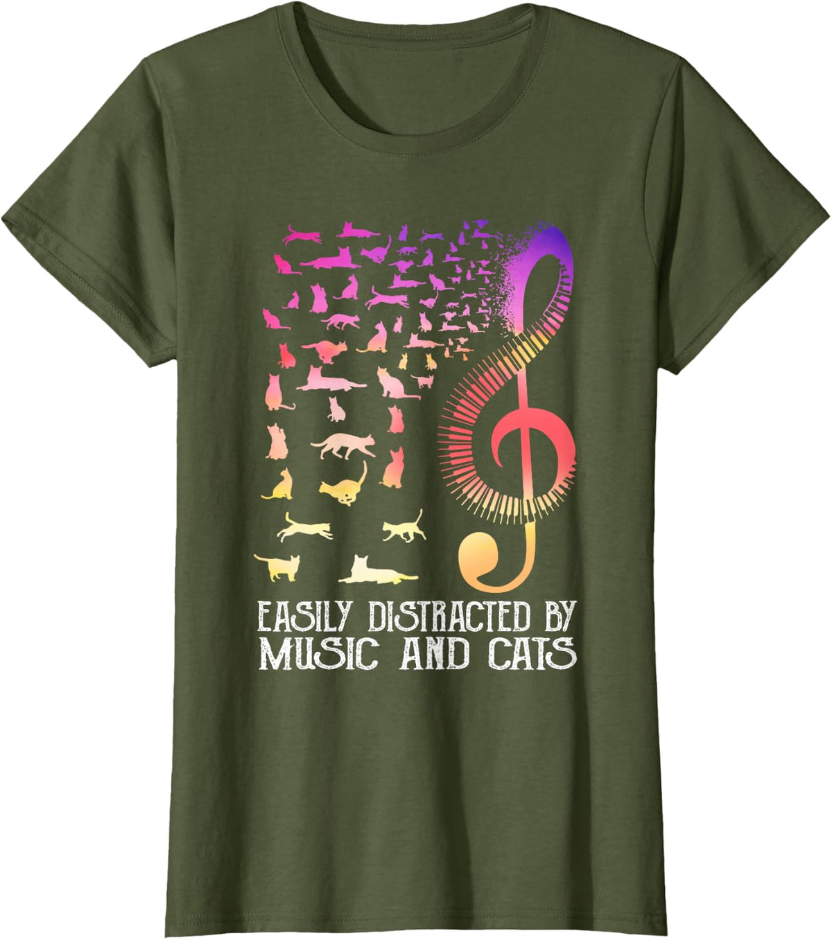 Easily distracted by music and cats for book lovers T-Shirt - Olive Green