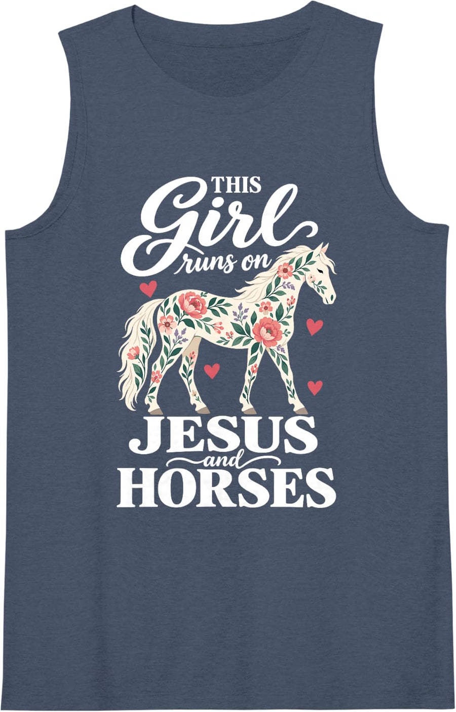 Women's I Love Jesus and Riding Horses Christian Floral Sleeveless Tank Top - Navy Blue