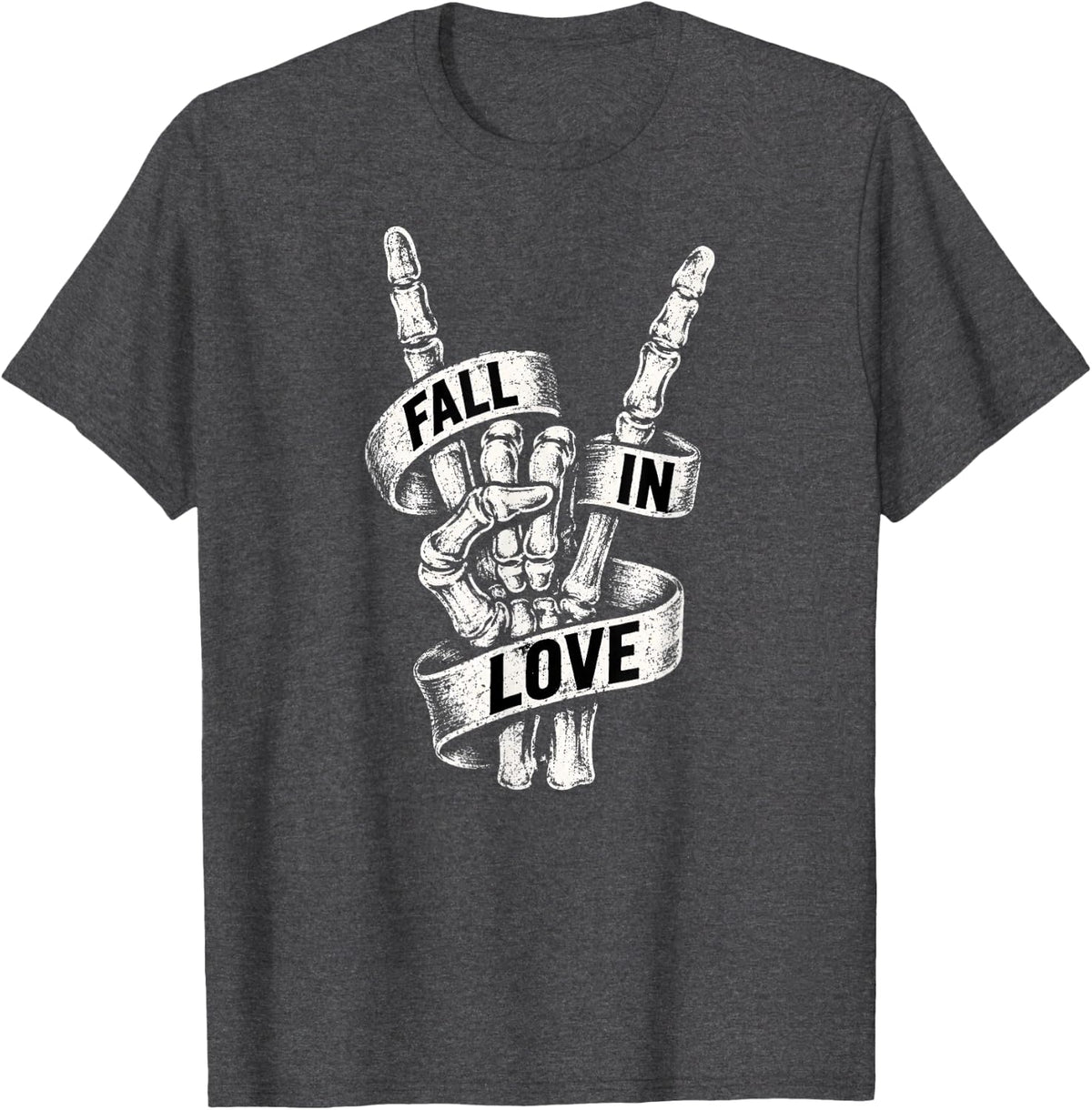 Fall in Love Skeleton Hand Rock On Halloween Design T-Shirt - Dark Heather Grey