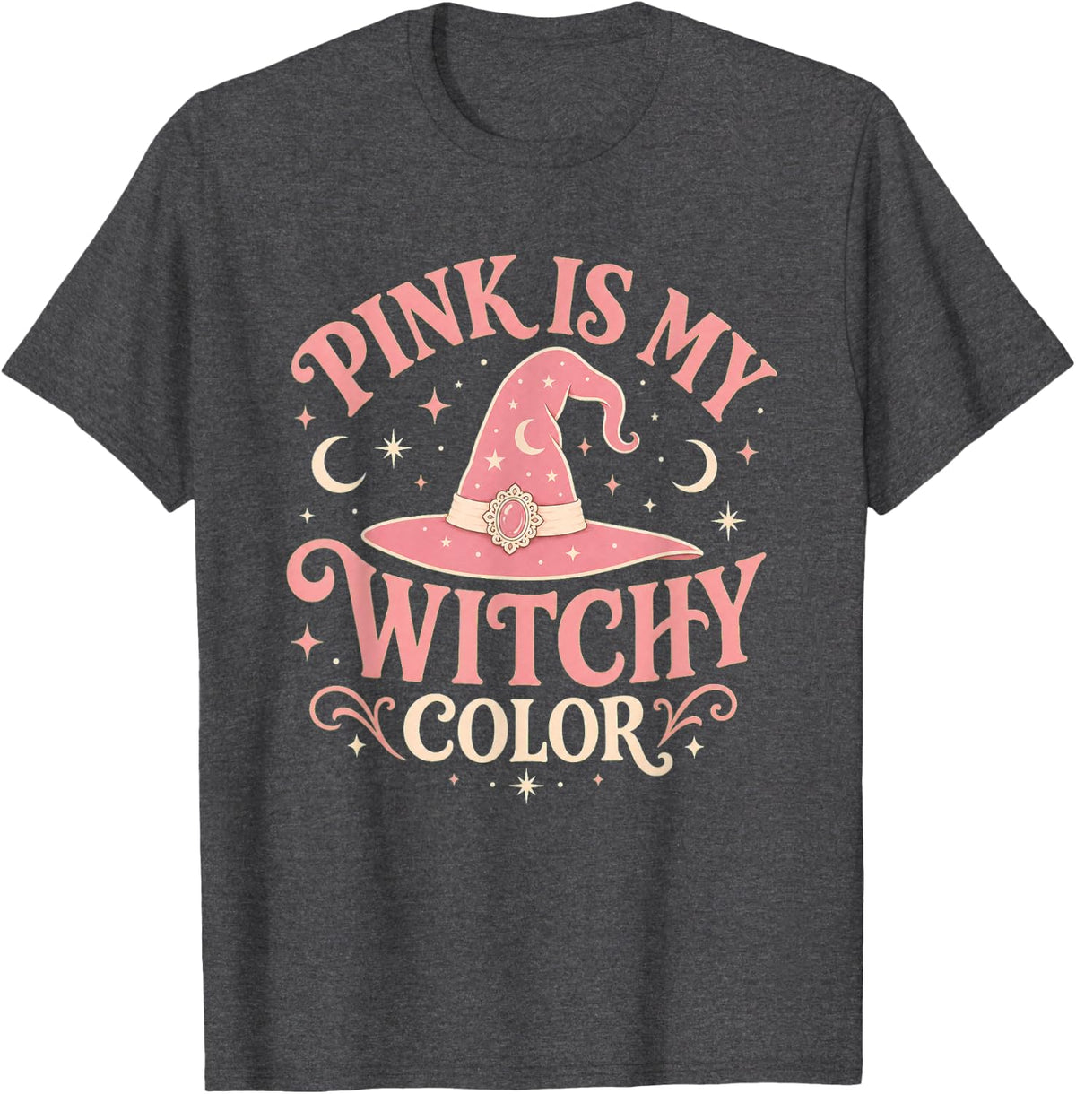 Pink is My Witchy Color Breast Cancer Awareness Halloween T-Shirt - Dark Heather Grey