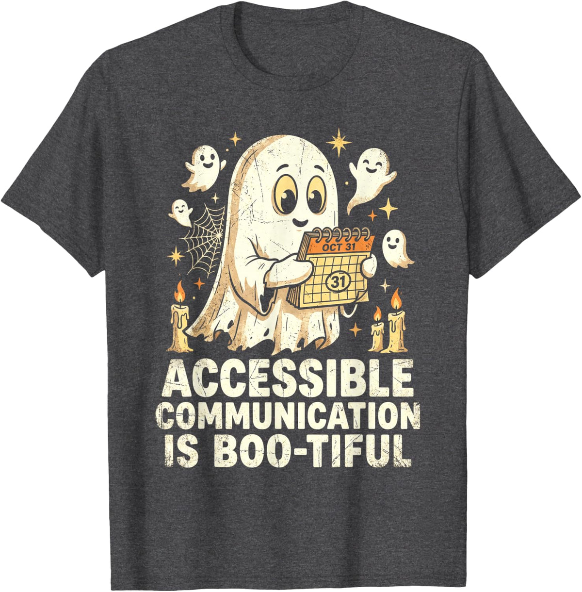 Halloween Accessible Communication Ghost AAC Awareness SLP T-Shirt - Dark Heather Grey