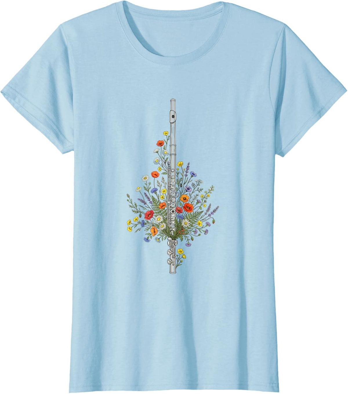 Flute Floral Windflower Flowers Aesthetic Graphic Flutist T-Shirt - Baby Blue