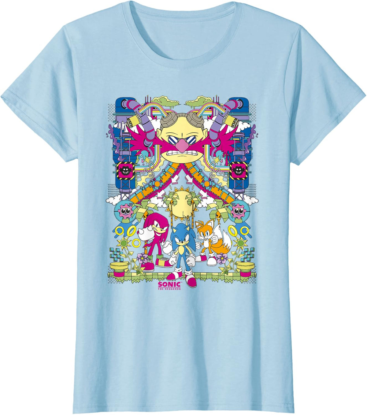 Sonic The Hedgehog Vibrant Industrial Hero Trio & Dr. Eggman T-Shirt - Baby Blue
