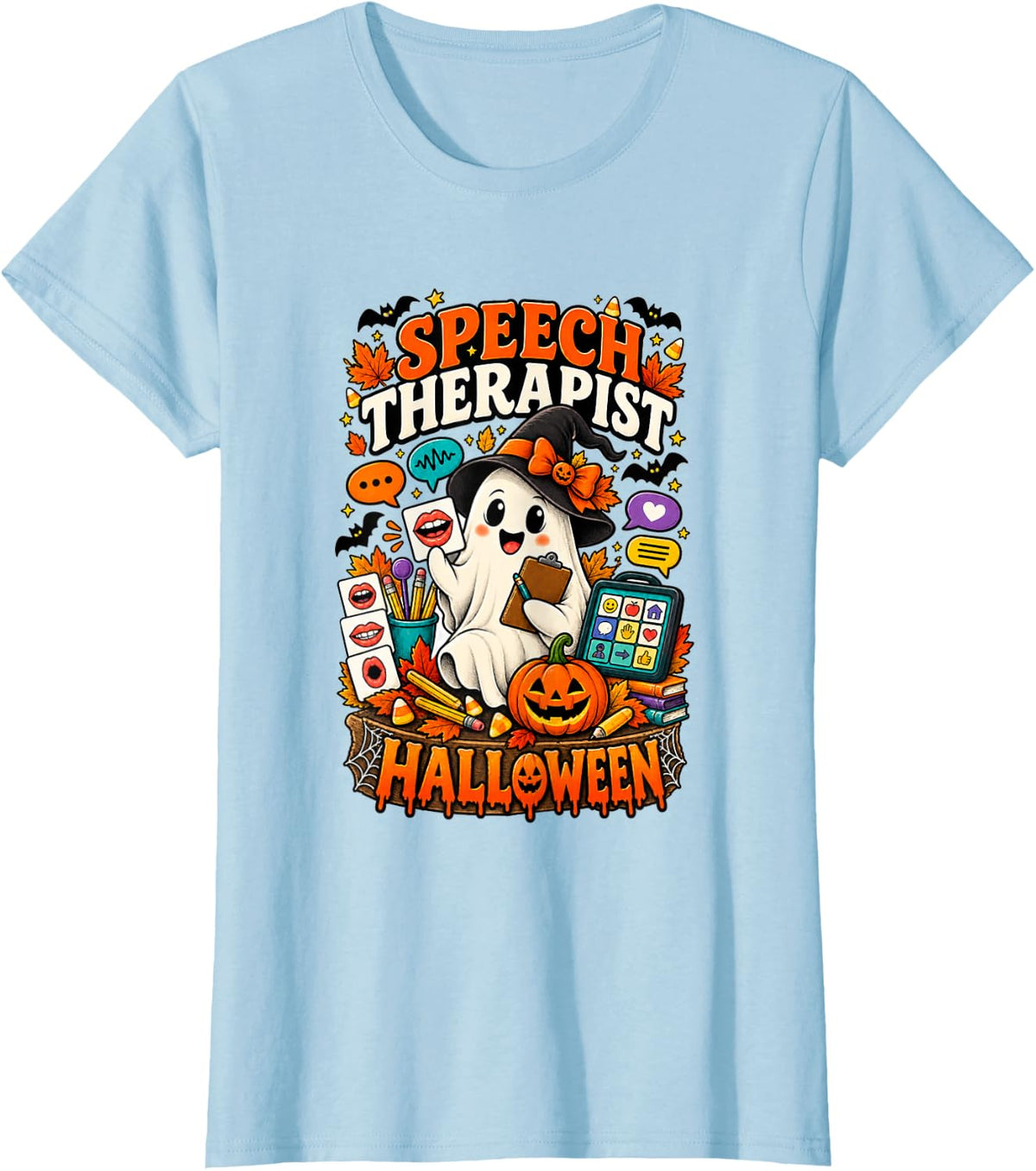 Speech Therapist Halloween Cute Ghost SLP T-Shirt - Baby Blue