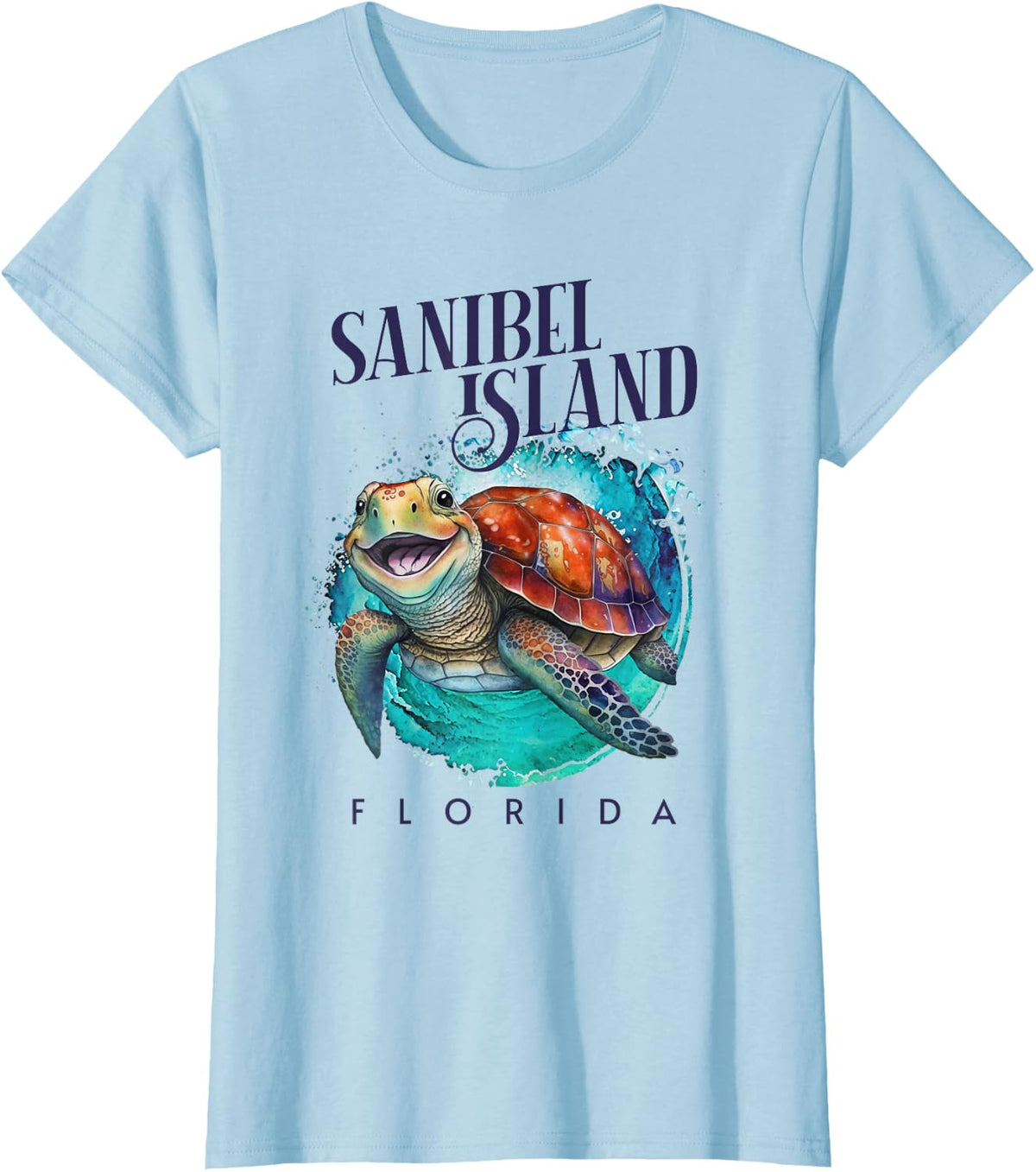 Sanibel Island Florida Watercolor Happy Sea Turtle T-Shirt - Baby Blue