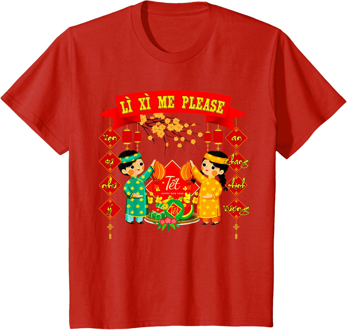 Li Xi Me Please Chuc Mung Nam Moi Vietnamese Boy Girl Ao Dai T-Shirt - Red