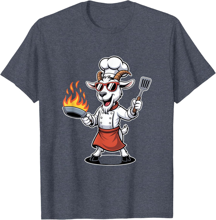 Funny Goat Chef with Pan and Spatula BBQ T-Shirt - Heather Blue