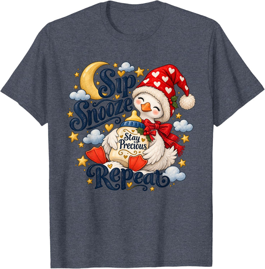 Retro Christmas Duck Cute Duckling Santa Hat Mom Dad Holiday T-Shirt - Heather Blue