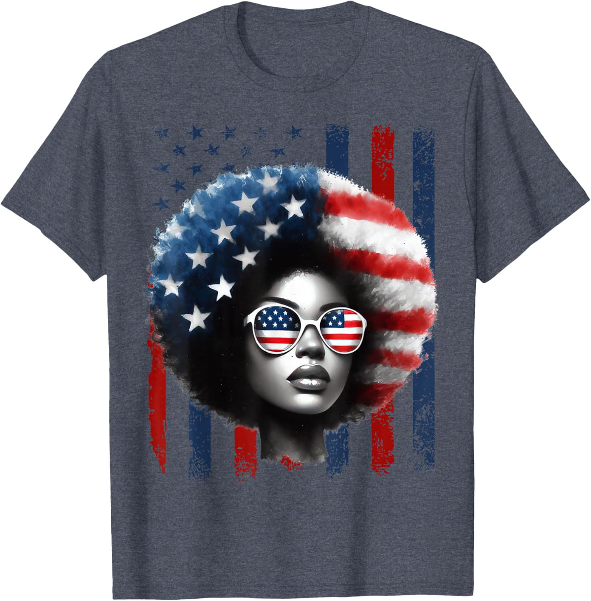 Black African American Women Patriotic Messy Bun 4th of July T-Shirt - Heather Blue