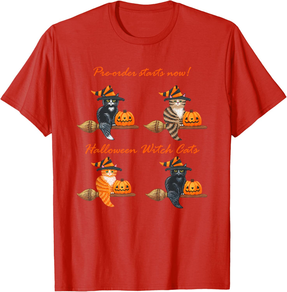 Halloween Witch Cats Black Cat Tabby Cat Flying On Brooms T-Shirt - Red