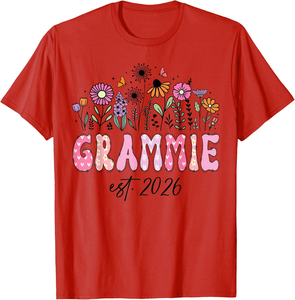 Grammie Est. 2026 Pink Wildflower Promoted to Grammie T-Shirt - Red