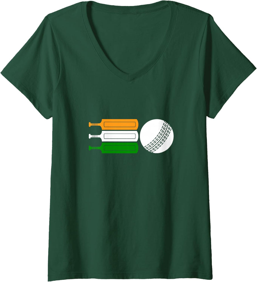 Women's India Cricket Player Ball Indian Flag Cricket Team V-Neck T-Shirt - Dark Green