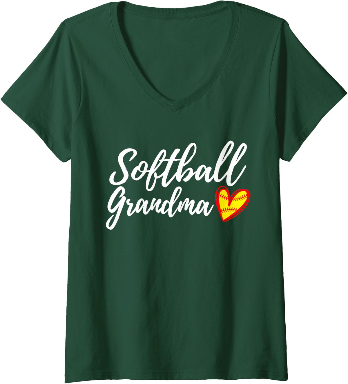 Womens Cute Softball Grandma Heart Matching Womens Mothers Day V-Neck T-Shirt - Dark Green