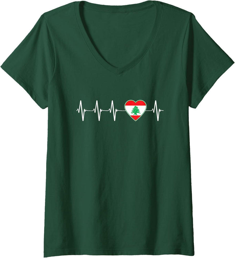 Womens Lebanese Heartbeat I Love Lebanon Flag Country Gift V-Neck T-Shirt - Dark Green