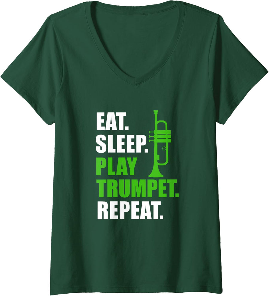 Women's Trumpet Player Trumpeter Eat. Sleep. Play Trumpet. Repeat. V-Neck T-Shirt - Dark Green