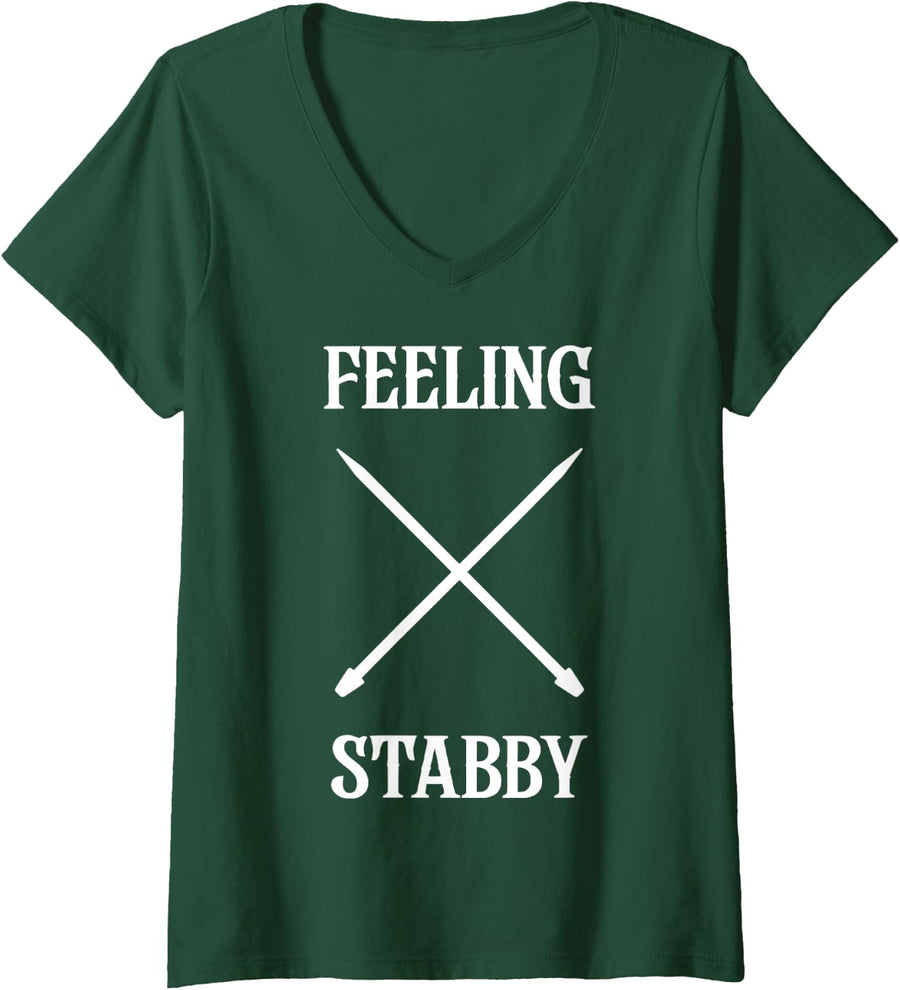 Women's Funny Feeling Stabby Crocheting Knitting Yarn Crochet V-Neck T-Shirt - Dark Green