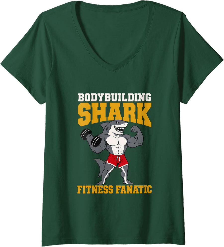 Women's Bodybuilding Shark Fitness Fanatic Bodybuilder Shark V-Neck T-Shirt - Dark Green