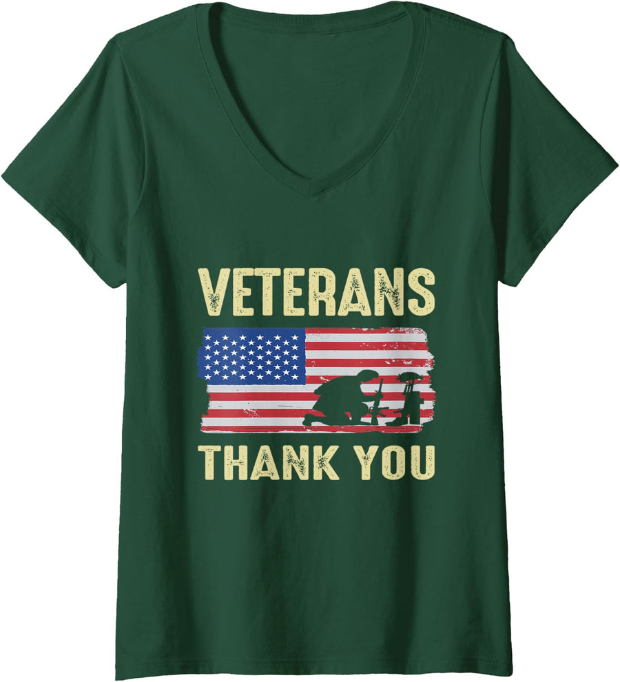 Women's USA Memorial Day Military Veterans Day We Thank You V-Neck T-Shirt - Dark Green