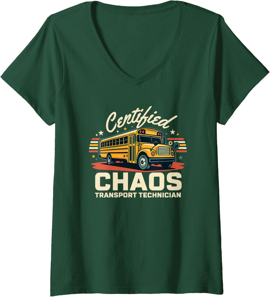 Women's Certified Chaos Transport Technician Bus Driver Retirement V-Neck T-Shirt - Dark Green