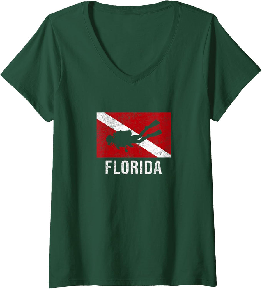 Women's Florida Scuba Diving Diver Dive Flag Gift V-Neck T-Shirt - Dark Green