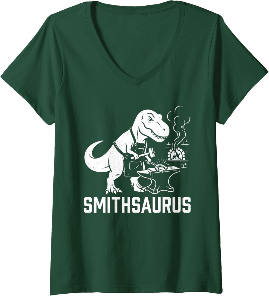 Women's Blacksmith Dinosaur Smithsaurus Funny Blacksmithing Forging V-Neck T-Shirt - Dark Green