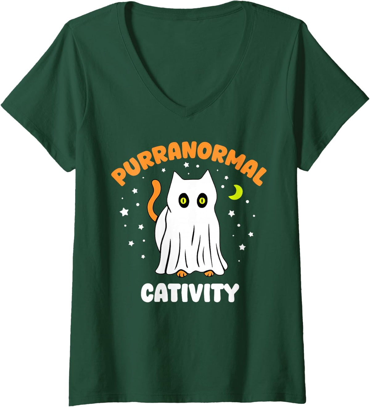 Women's Purranormal Cativity Funny Cat Ghost Halloween V-Neck T-Shirt - Dark Green